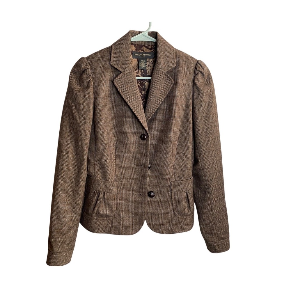 Banana Republic Women Brown Plaid Wool Tailored Blazer Jacket Size 0 Puff Sleeve